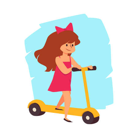 Happy child girl riding kick scooter flat cartoon vector illustration isolated.のイラスト素材