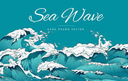 Colorful vector banner with sea or ocean waves, marine foam and lettering.のイラスト素材