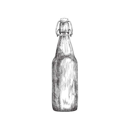 Beer bottle with vintage cord cork, engraving vector illustration isolated.のイラスト素材