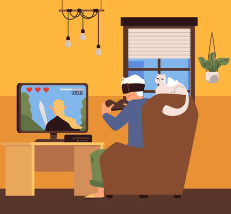 Elderly man sits on a chair and plays video games with joystick and VR headsets - flat vector illustration.のイラスト素材