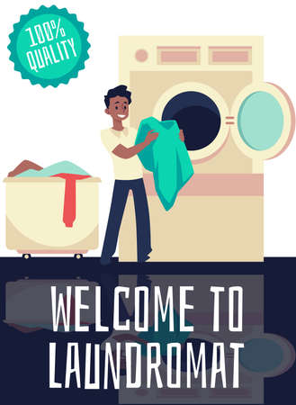 Laundromat and dry cleaning service banner or poster, flat vector illustration.のイラスト素材