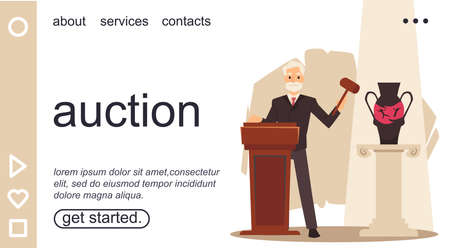 Auction site with an auctioneer makes announcement, flat vector illustration.のイラスト素材