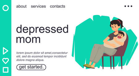 Depressed Mom is sitting on chair holding crying baby. Sad tired mother trying to put to sleep her crying newborn.のイラスト素材