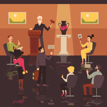 Auction bidding banner with people characters, flat vector illustration.