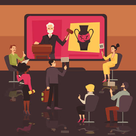 People buy art on online auction virtual platform. Remote art auction vector illustration concept.のイラスト素材