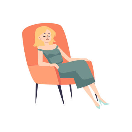 Relaxed woman sits or sleeps in armchair, flat vector illustration isolated on white background.のイラスト素材