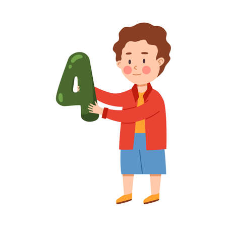 Kindergarten or school kid with figure four, flat vector illustration isolated.のイラスト素材