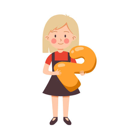 Child girl with figure two in hands, flat vector illustration isolated.のイラスト素材