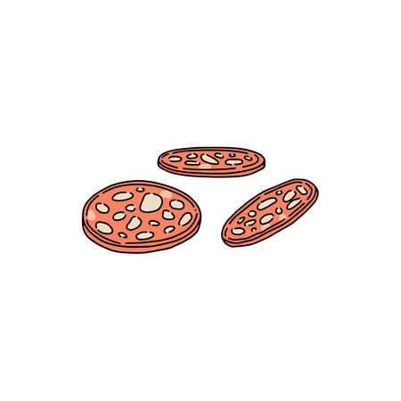 Delicious round slices of salami sausage, sketch vector illustration isolated.のイラスト素材