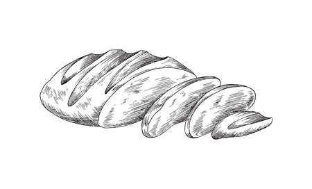 Loaf of wheat bread with slices, engraving vector illustration isolated.のイラスト素材