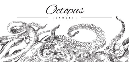 Seamless octopus pattern. Horizontal border, black and white hand drawn horizontal vector illustrationのイラスト素材