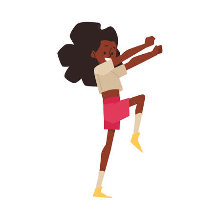 Funny cartoon child character doing exercise or dancing in flat vectorのイラスト素材
