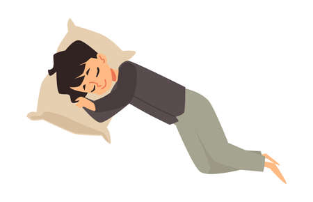 Little child boy sleeping with pillow, flat vector illustration isolated.のイラスト素材