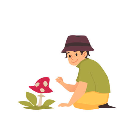 Child on safari or camp exploring nature flat vector illustration isolated.のイラスト素材