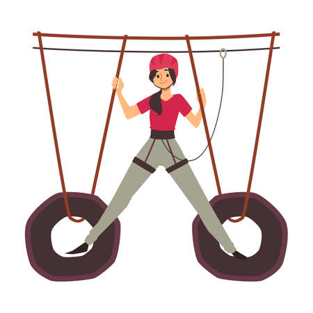 Woman in safety equipment overcoming rope park, vector illustration isolated.のイラスト素材