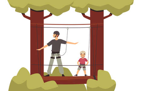 Father and son at rope park attraction, flat vector illustration isolated.のイラスト素材
