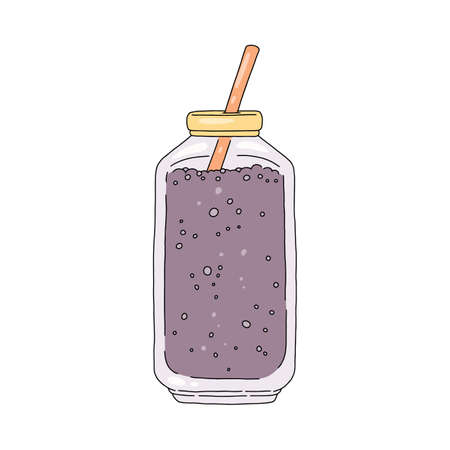 Fruit juice or smoothie glass jar with straw, hand drawn doodle vector illustration isolated on white background.のイラスト素材