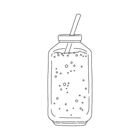 Glass jar with juice, smoothie or cocktail, outline doodle style - vector illustration isolated on white background.のイラスト素材