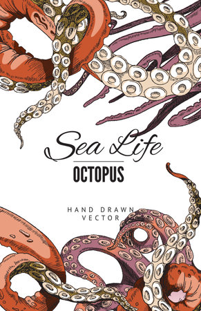 Tentacles of an octopus sea life poster. Cuttlefish and squid tentacles with suckers vertical realistic ink drawing.のイラスト素材
