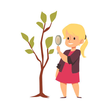 School girl examines leaf of spring tree through magnifying glass in flatのイラスト素材