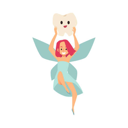Tooth fairy front view, cartoon vector illustration. Little flying girl holding tooth high above her head.のイラスト素材