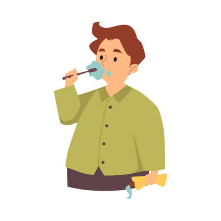 Boy brushes teeth with toothbrush and holds toothpaste, flat vector illustration isolated on white background.のイラスト素材