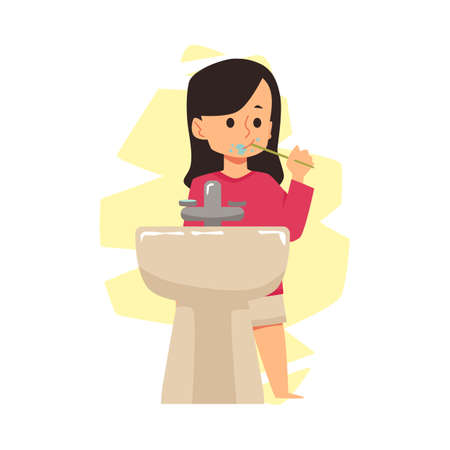 Cute child girl brushes teeth as part of daily routine, flat vector illustration isolated on white background.のイラスト素材