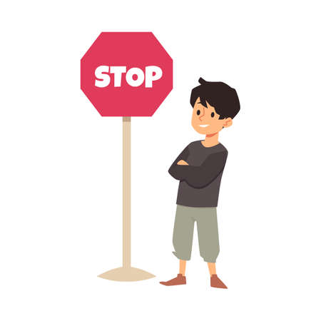 Teen boy standing near traffic stop sign, flat vector illustration isolated.のイラスト素材