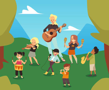 Children music class or concert in the open air, flat vector illustration.のイラスト素材