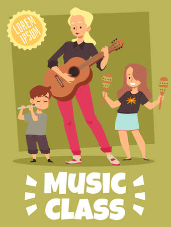 Kids with music instruments and female teacher with guitar, poster template - flat vector illustration.のイラスト素材