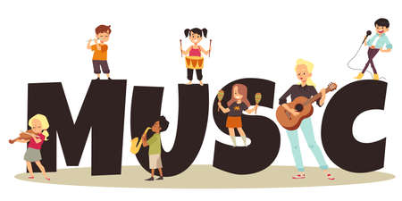 Children music education banner template, flat vector illustration isolated.のイラスト素材