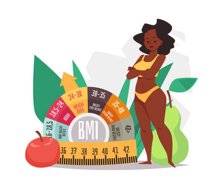 Woman in swimsuit of overweight BMI body type, flat vector illustration isolated.のイラスト素材