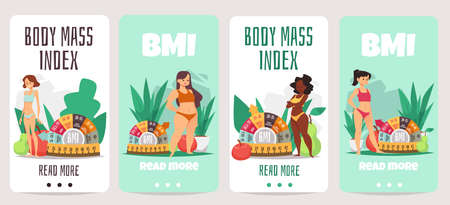 Diverse women with different body mass index, onboarding screens template - flat vector illustration.のイラスト素材
