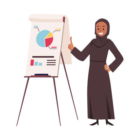 Muslim business woman makes presentation report, vector illustration isolated.のイラスト素材