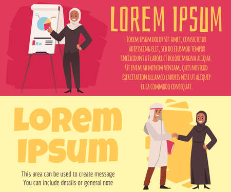 Banners or flyers with arabic muslim business people, flat vector illustration.のイラスト素材