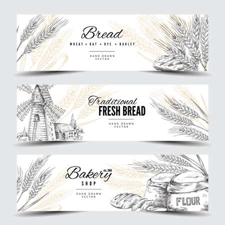 Horizontal banners with spikelets, bread, flour, mill for bakery decorationのイラスト素材