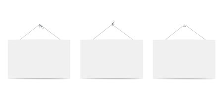 Three blank white boards for messages or photo hanging on ropes.のイラスト素材