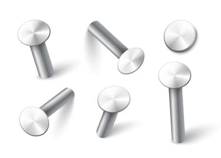 Set of metal nails in different perspective images on white backgroundのイラスト素材