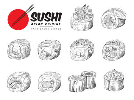 Collection of hand drawn sushi, sketch engraving vector illustration isolated.のイラスト素材