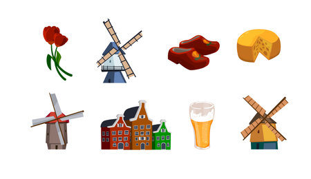 Symbols and landmarks of Holland or Holland, flat vector illustration isolated.のイラスト素材