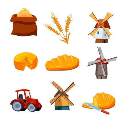 Grain production and agriculture symbols set flat vector illustration isolated.のイラスト素材