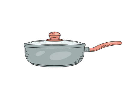 Frying pan or saucepan with long handle, sketch vector illustration isolated.のイラスト素材