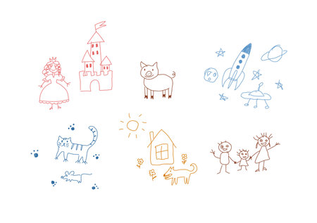 Children simple crayon drawings symbols set, vector illustration isolated.のイラスト素材