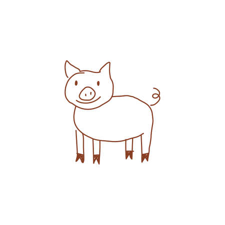 Funny pig crayon kids drawing symbol, hand drawn vector illustration isolated.のイラスト素材