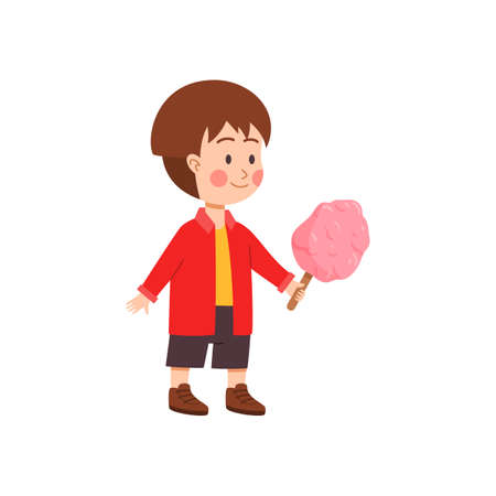 Happy smiling boy eating cotton candy, flat vector illustration isolated.のイラスト素材