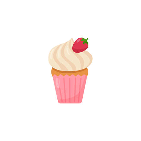 Cute cupcake with cream and strawberry decoration, flat vector illustration isolated on white background.のイラスト素材