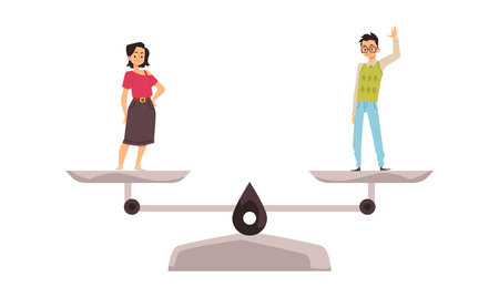 Young woman and Asian man weight equal on the balanced scale, Gender equality movement cartoon vector illustration.のイラスト素材