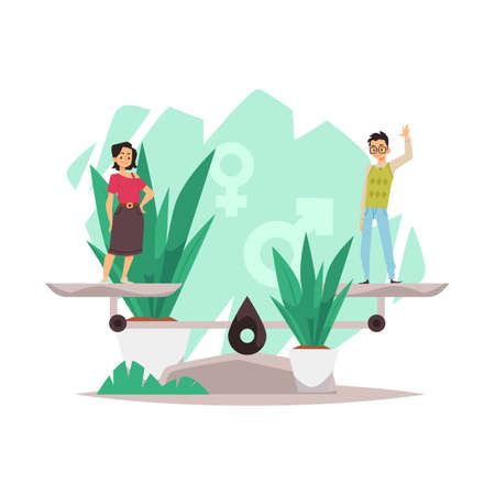 Young White female in skirt and young Asian man wearing glasses have the same weight on the scale of social justice.のイラスト素材