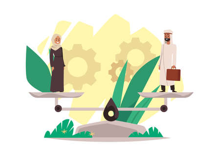 Muslim woman and man on scales as symbol of gender equality, flat vector illustration isolated on white background.のイラスト素材