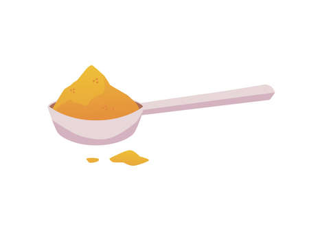 Indian curry spices powder in spoon, cartoon vector illustration. Measuring metal scoop with turmeric herb powder, side.のイラスト素材